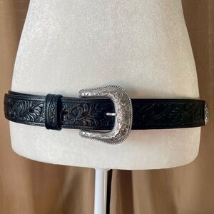 Vtg Western Silver Beaded Genuine Leather Black Belt with Silver Buckle Size 38